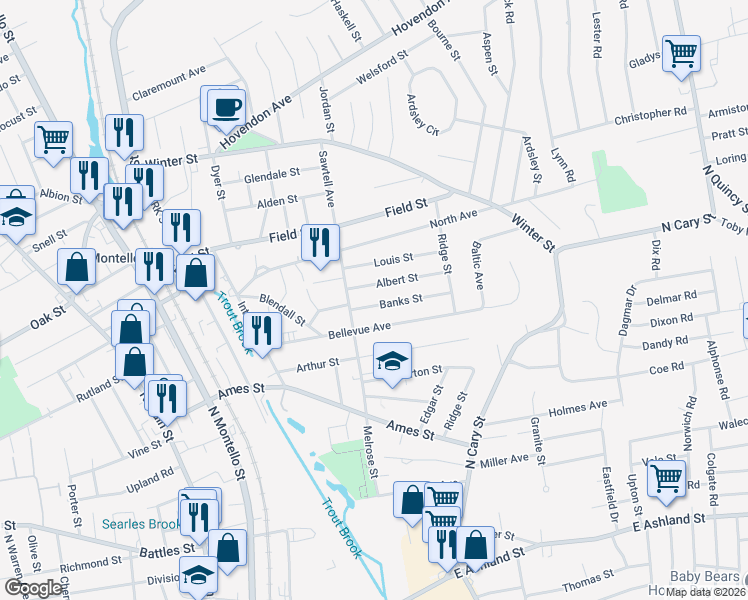 map of restaurants, bars, coffee shops, grocery stores, and more near 6 Banks Street in Brockton