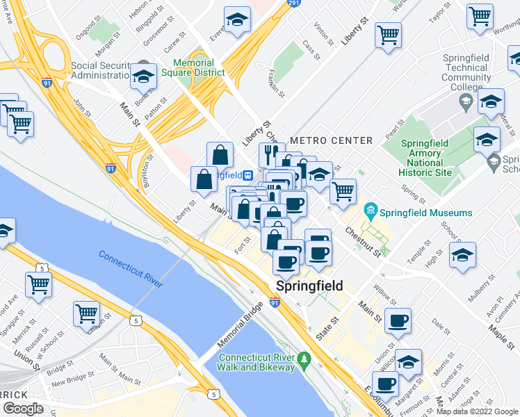 map of restaurants, bars, coffee shops, grocery stores, and more near in Springfield