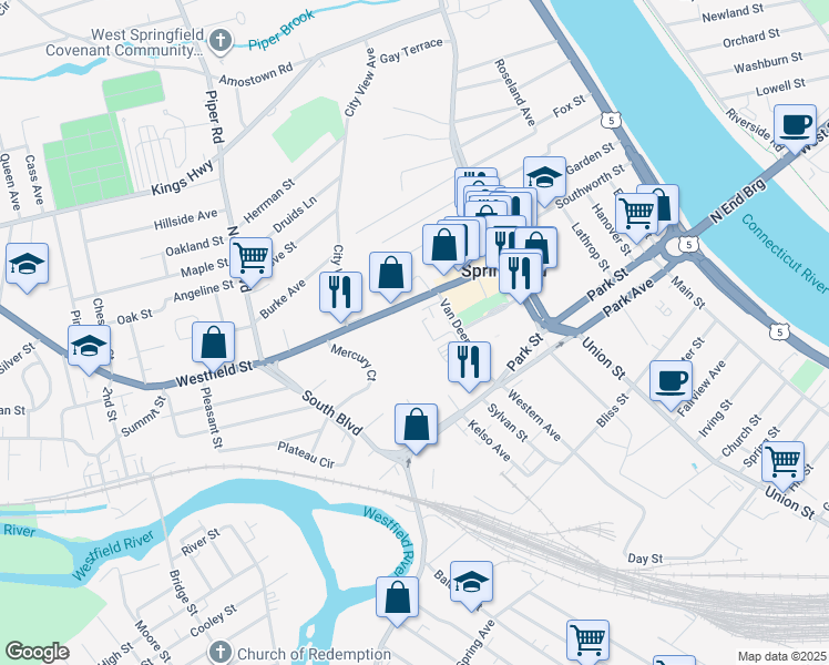 map of restaurants, bars, coffee shops, grocery stores, and more near 249 Westfield Street in West Springfield