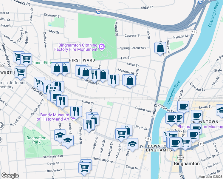 map of restaurants, bars, coffee shops, grocery stores, and more near 9 Clinton Street in Binghamton
