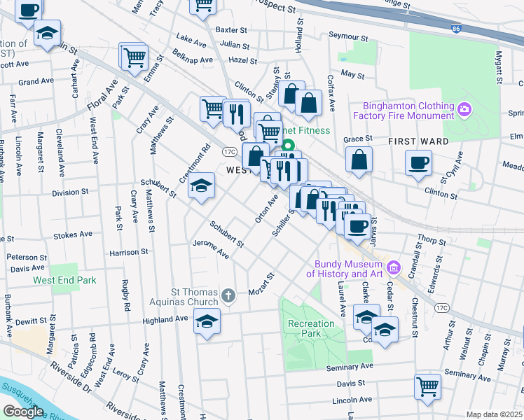 map of restaurants, bars, coffee shops, grocery stores, and more near 43 Orton Avenue in Binghamton