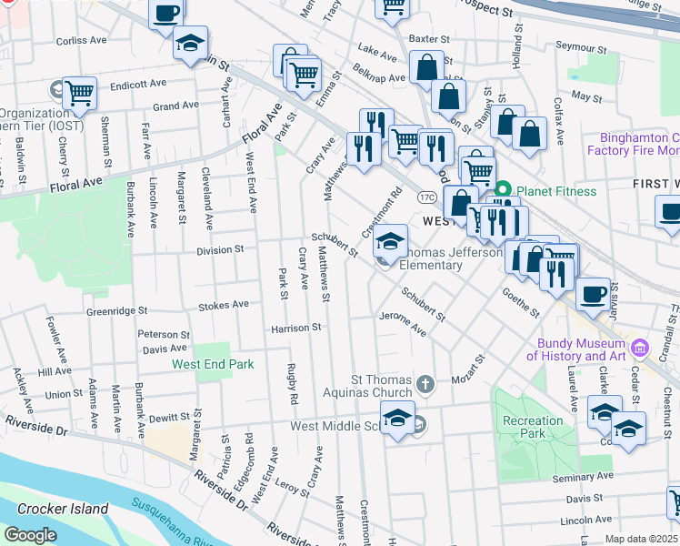 map of restaurants, bars, coffee shops, grocery stores, and more near 112 Crestmont Road in Binghamton