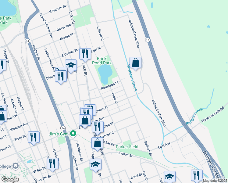 map of restaurants, bars, coffee shops, grocery stores, and more near 1000 Pratt Street in Elmira