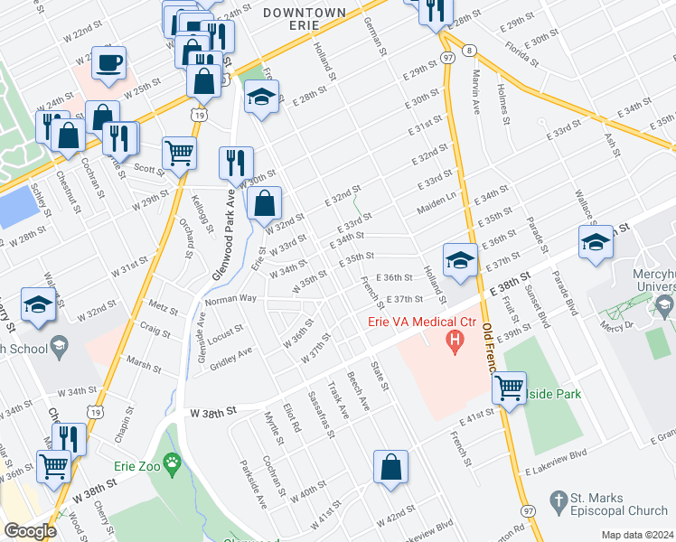 map of restaurants, bars, coffee shops, grocery stores, and more near 3503 State Street in Erie