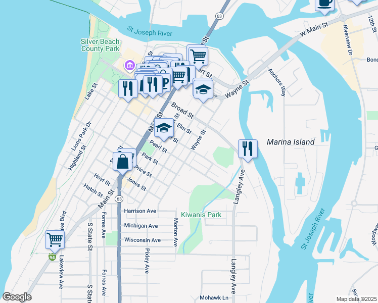 map of restaurants, bars, coffee shops, grocery stores, and more near 602 Wayne Street in St. Joseph