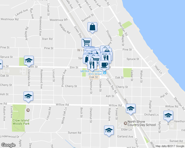 map of restaurants, bars, coffee shops, grocery stores, and more near 505 Chestnut Street in Winnetka