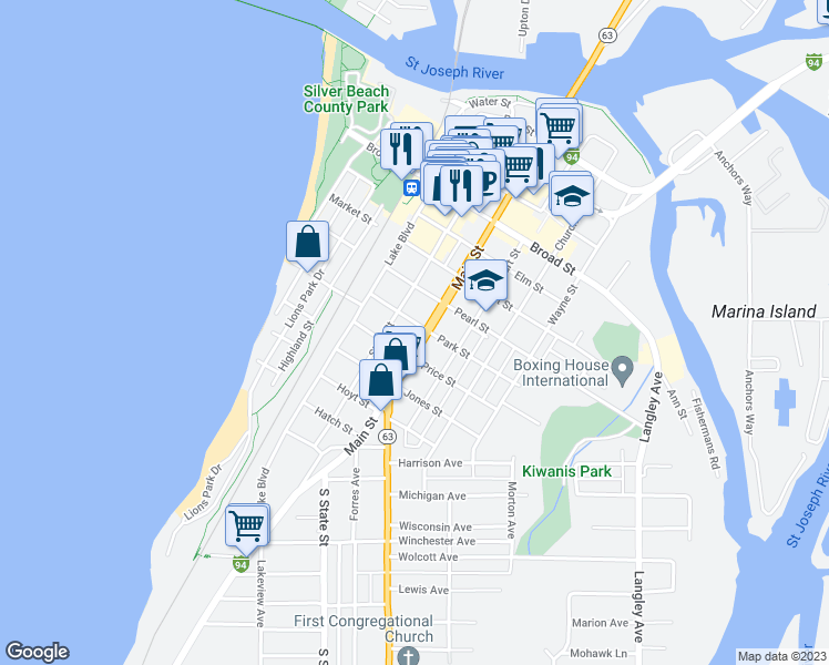 map of restaurants, bars, coffee shops, grocery stores, and more near 802 Main Street in St. Joseph