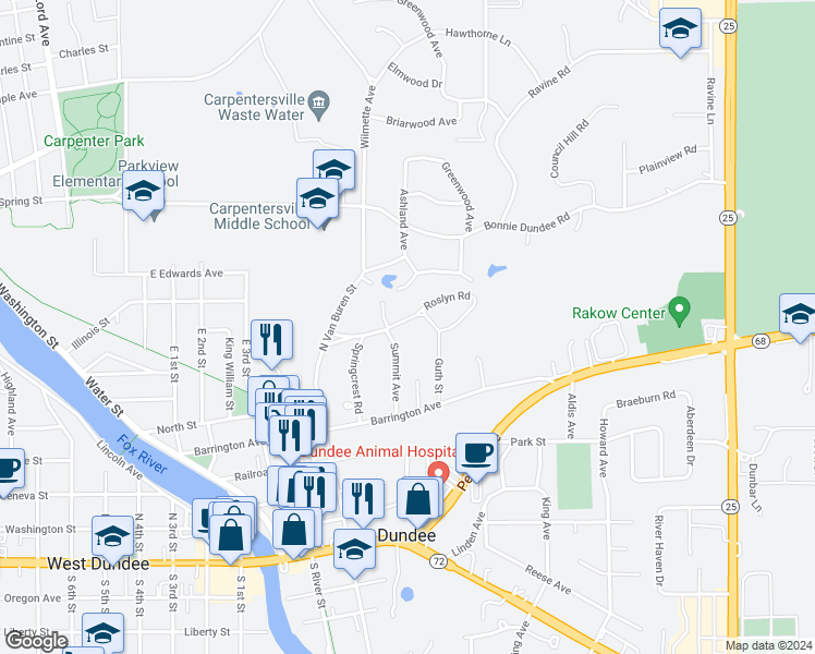 map of restaurants, bars, coffee shops, grocery stores, and more near 424 Roslyn Road in East Dundee