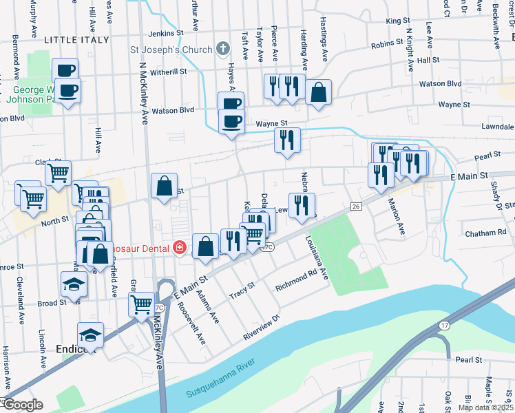 map of restaurants, bars, coffee shops, grocery stores, and more near 17 Kentucky Avenue in Endicott