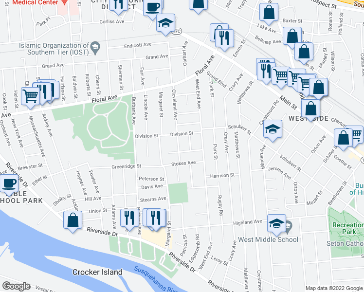 map of restaurants, bars, coffee shops, grocery stores, and more near 12 Cleveland Avenue in Binghamton