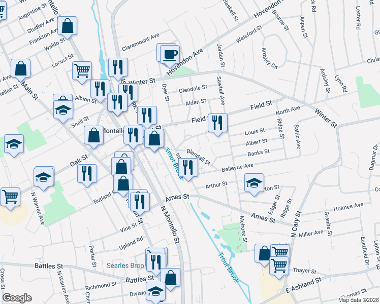 map of restaurants, bars, coffee shops, grocery stores, and more near 27 Blendall Street in Brockton