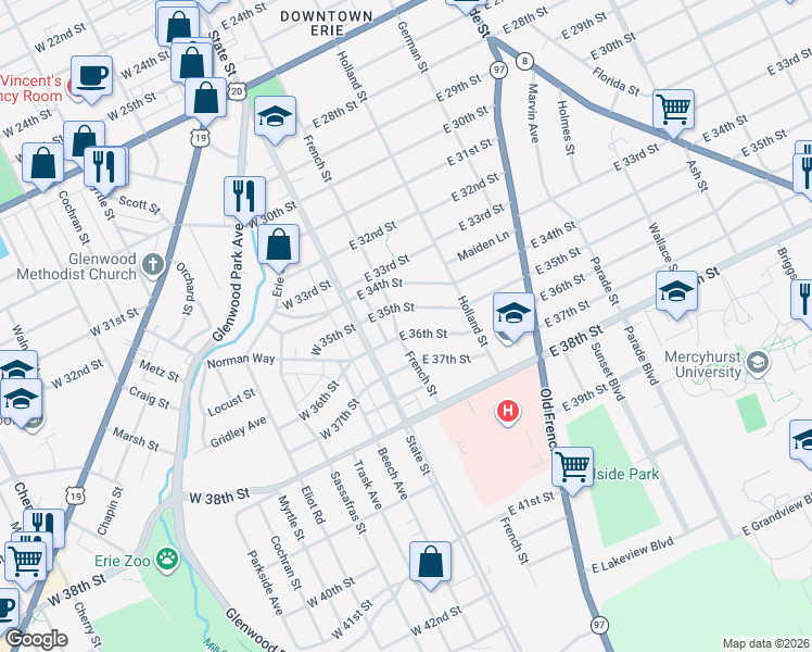 map of restaurants, bars, coffee shops, grocery stores, and more near 110 East 36th Street in Erie