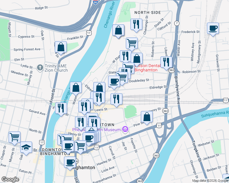 map of restaurants, bars, coffee shops, grocery stores, and more near 213 Chenango Street in Binghamton