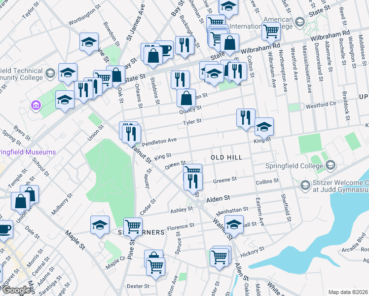 map of restaurants, bars, coffee shops, grocery stores, and more near 90 King Street in Springfield