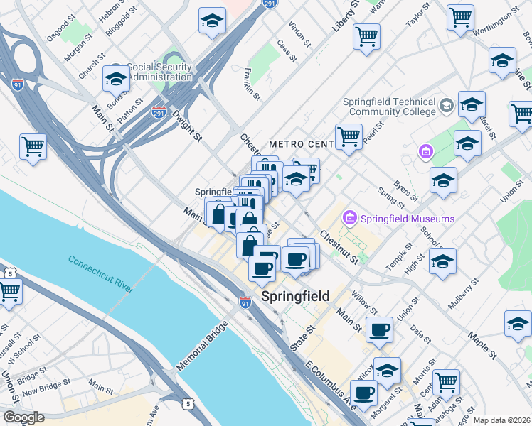 map of restaurants, bars, coffee shops, grocery stores, and more near 376 Dwight Street in Springfield