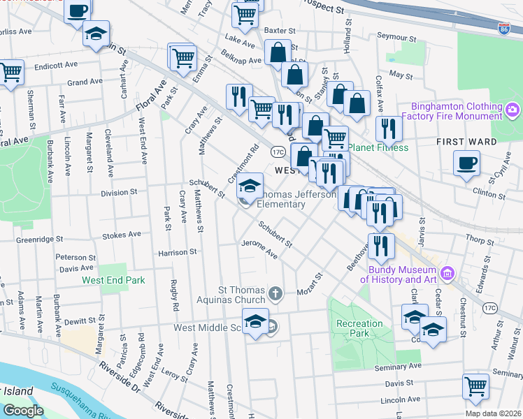 map of restaurants, bars, coffee shops, grocery stores, and more near 151 Helen Street in Binghamton