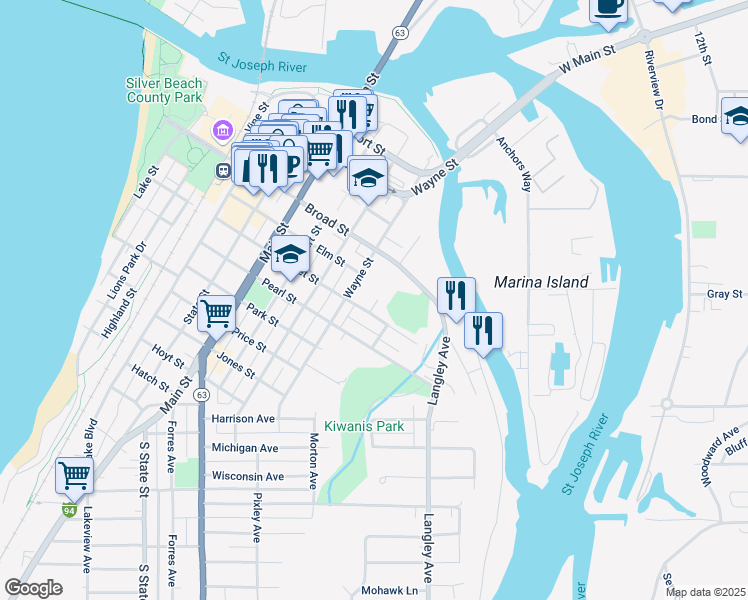 map of restaurants, bars, coffee shops, grocery stores, and more near 512 Marsh Street in St. Joseph