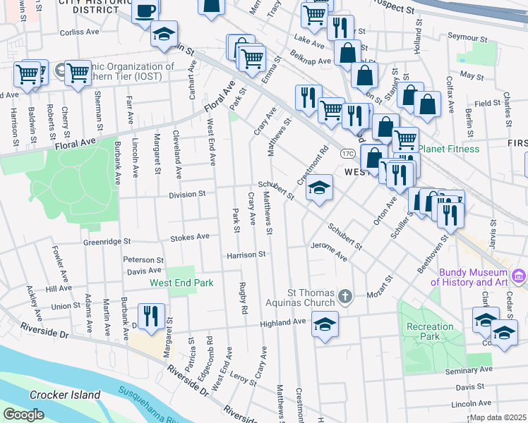 map of restaurants, bars, coffee shops, grocery stores, and more near 147 Matthews St in Binghamton