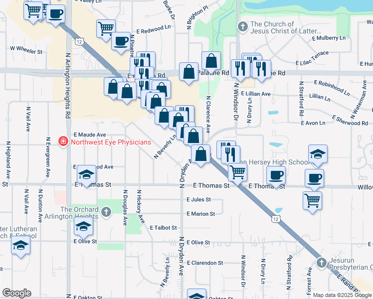 map of restaurants, bars, coffee shops, grocery stores, and more near 1125 East Rand Road in Arlington Heights