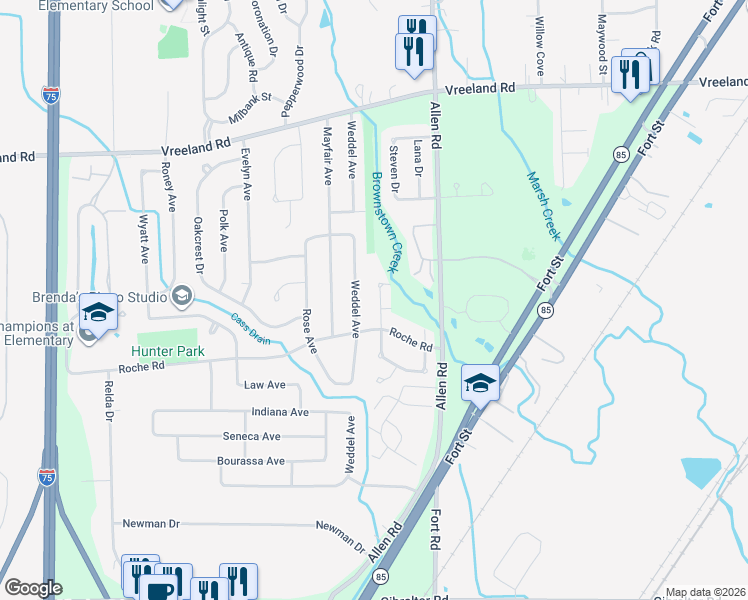 map of restaurants, bars, coffee shops, grocery stores, and more near 27810 White Oak Drive in Brownstown Charter Township