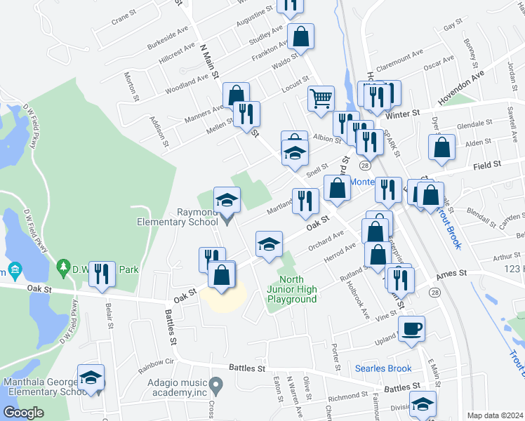 map of restaurants, bars, coffee shops, grocery stores, and more near 67 Martland Avenue in Brockton