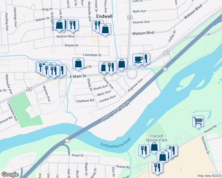 map of restaurants, bars, coffee shops, grocery stores, and more near 1506 Davis Ave in Endicott