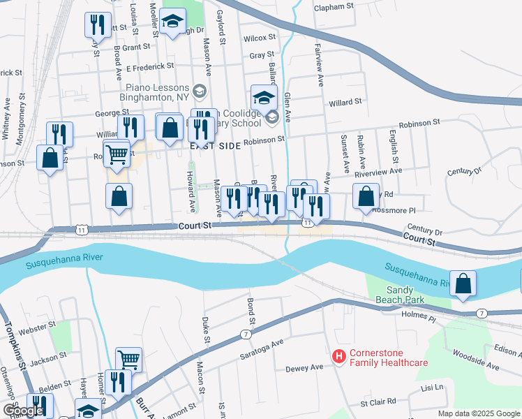 map of restaurants, bars, coffee shops, grocery stores, and more near 6 Bigelow Street in Binghamton