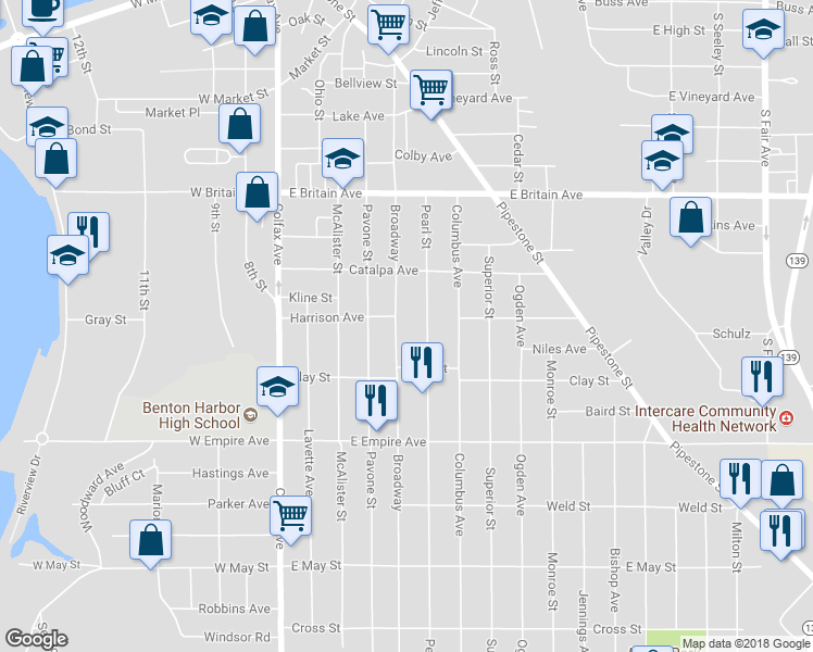 map of restaurants, bars, coffee shops, grocery stores, and more near 715 Broadway in Benton Harbor