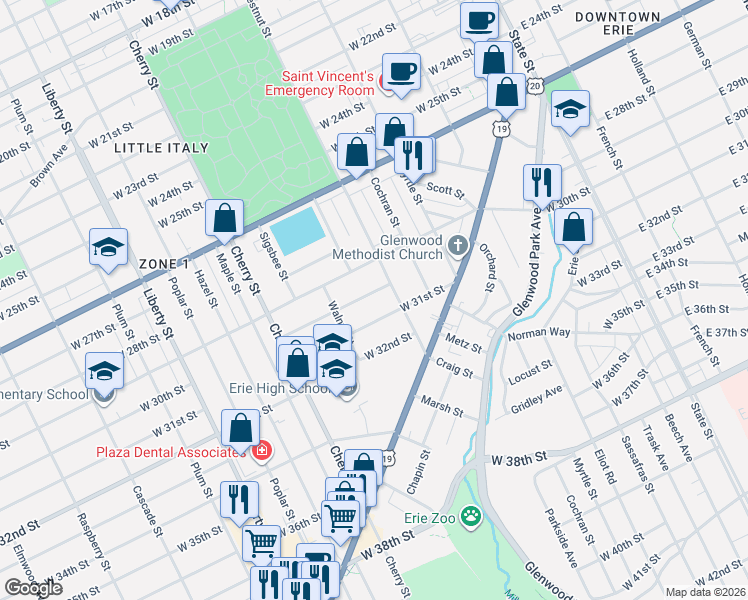 map of restaurants, bars, coffee shops, grocery stores, and more near 421 Stafford Avenue in Erie