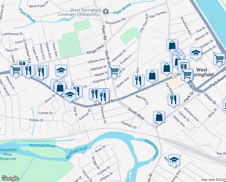 map of restaurants, bars, coffee shops, grocery stores, and more near 31 Boulevard Place in West Springfield
