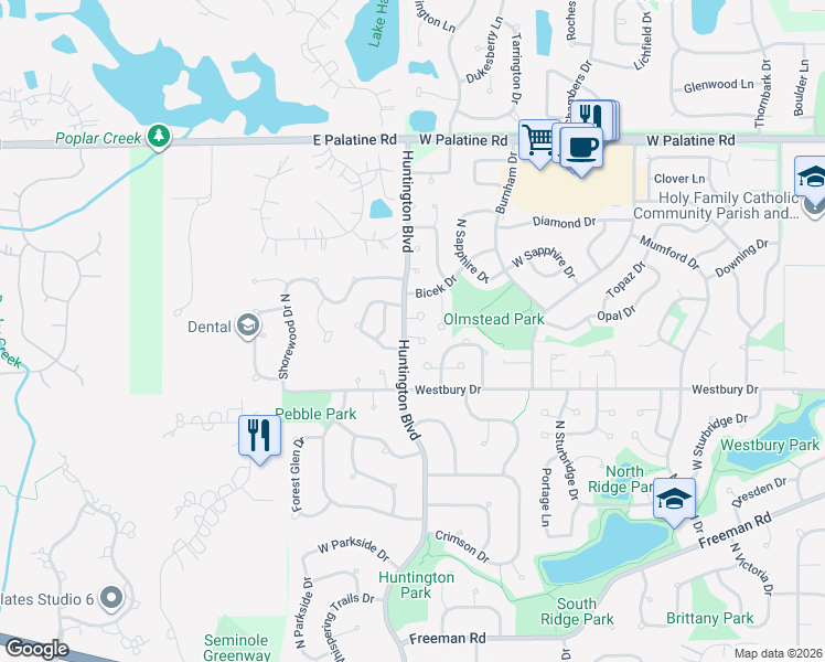 map of restaurants, bars, coffee shops, grocery stores, and more near 1690 Cape Breton Court in Hoffman Estates