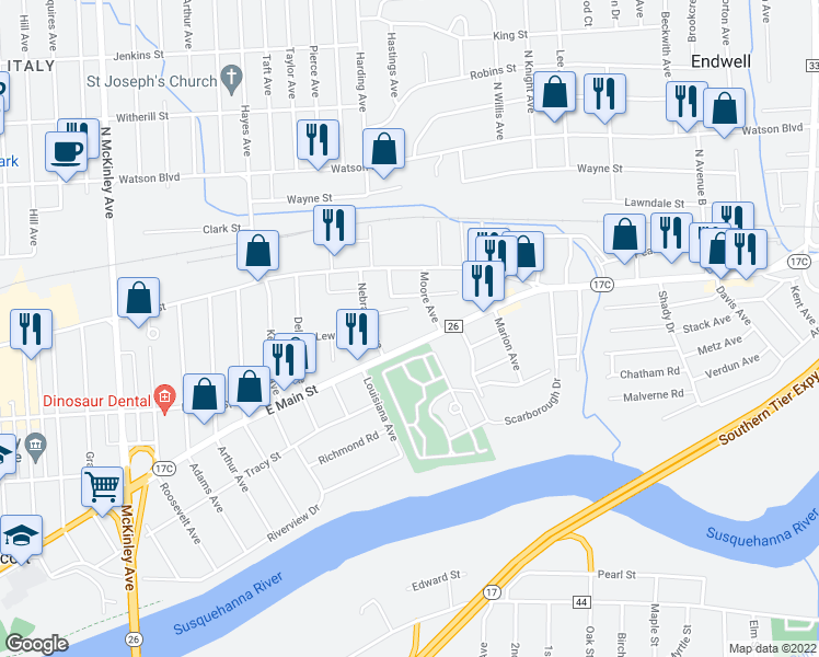 map of restaurants, bars, coffee shops, grocery stores, and more near 2603 East Main Street in Endicott