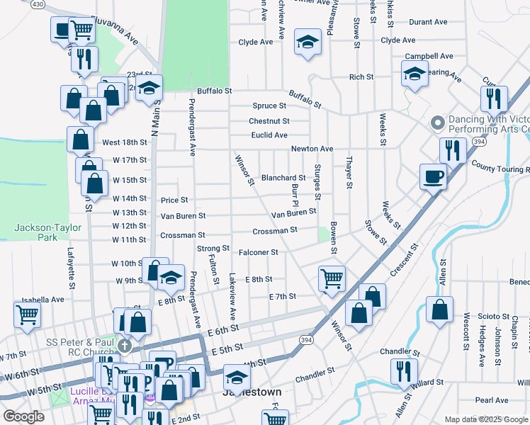 map of restaurants, bars, coffee shops, grocery stores, and more near 532 Winsor Street in Jamestown