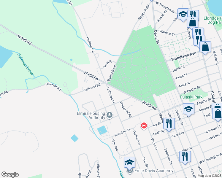 map of restaurants, bars, coffee shops, grocery stores, and more near 79 W Hill St in Elmira