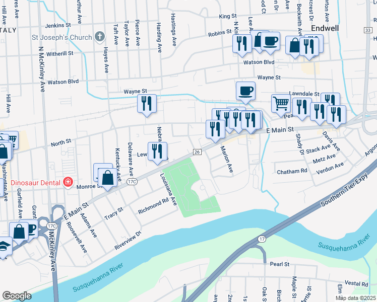 map of restaurants, bars, coffee shops, grocery stores, and more near 112 Moore Avenue in Endwell