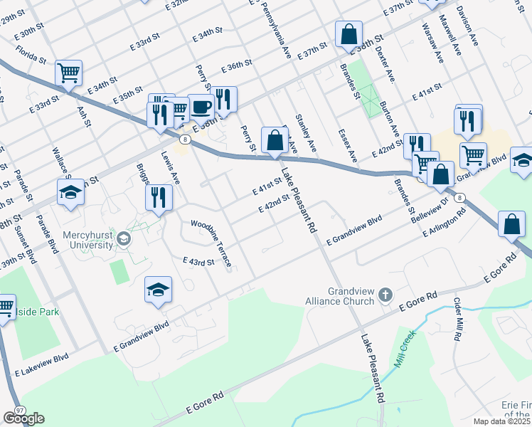 map of restaurants, bars, coffee shops, grocery stores, and more near 4206 Perry Street in Erie