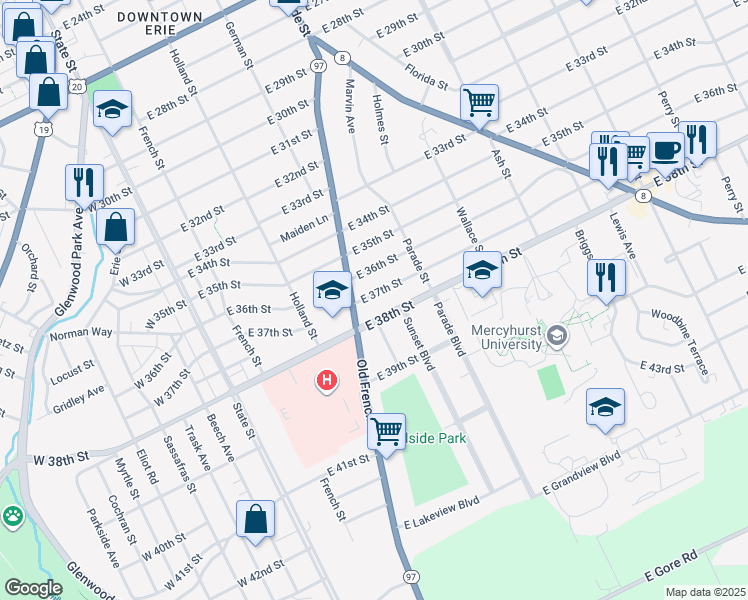 map of restaurants, bars, coffee shops, grocery stores, and more near 321 East 37th Street in Erie