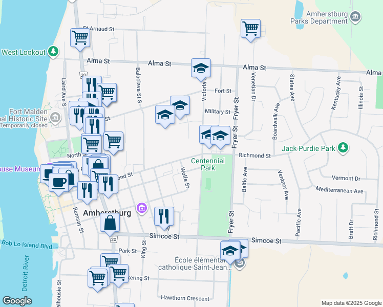 map of restaurants, bars, coffee shops, grocery stores, and more near 286 Richmond Street in Amherstburg