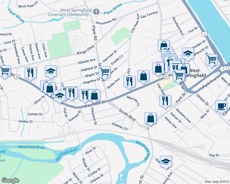 map of restaurants, bars, coffee shops, grocery stores, and more near 20 Beverly Terrace in West Springfield