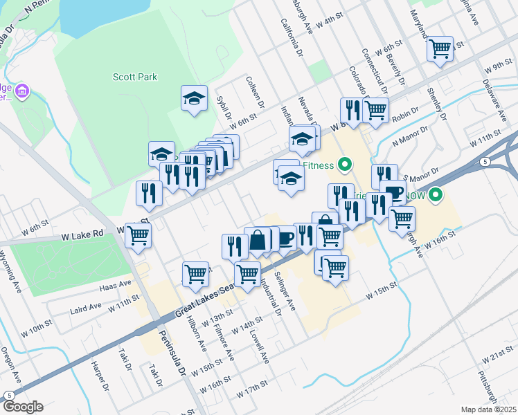 map of restaurants, bars, coffee shops, grocery stores, and more near 915 Douglas Drive in Erie