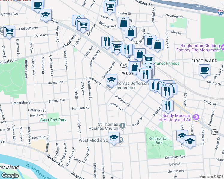 map of restaurants, bars, coffee shops, grocery stores, and more near 151 Helen Street in Binghamton