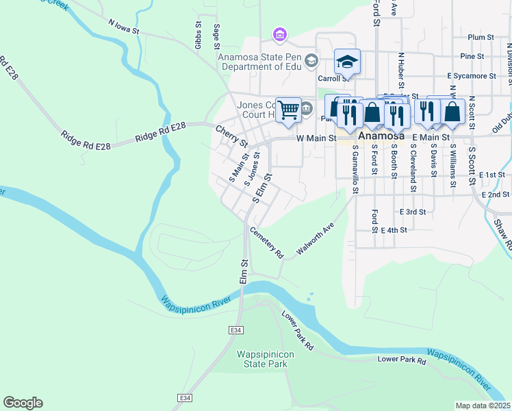 map of restaurants, bars, coffee shops, grocery stores, and more near 403 Elm Street in Anamosa