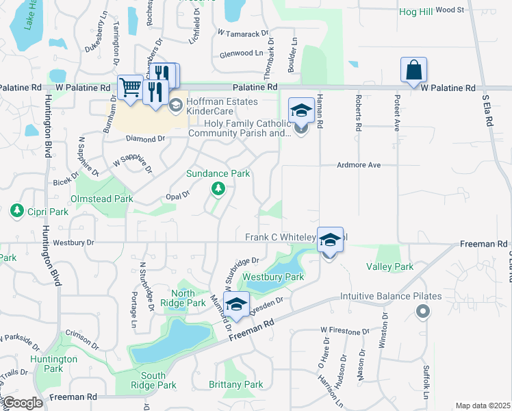 map of restaurants, bars, coffee shops, grocery stores, and more near 4480 Thornbark Drive in Hoffman Estates