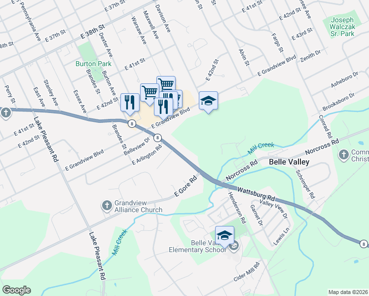 map of restaurants, bars, coffee shops, grocery stores, and more near 4909 Wattsburg Road in Erie