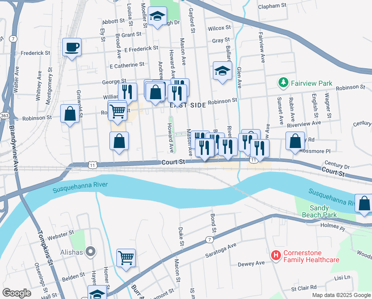 map of restaurants, bars, coffee shops, grocery stores, and more near 5 Mason Ave in Binghamton