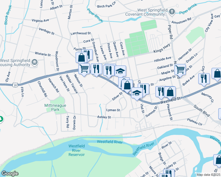 map of restaurants, bars, coffee shops, grocery stores, and more near 1139 Westfield Street in West Springfield