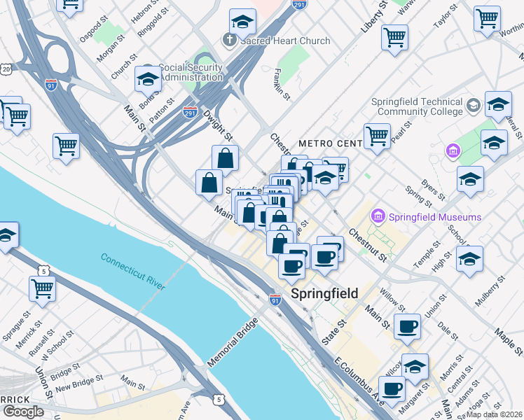 map of restaurants, bars, coffee shops, grocery stores, and more near 15 Taylor Street in Springfield