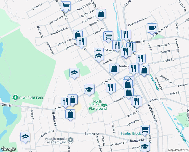 map of restaurants, bars, coffee shops, grocery stores, and more near 38 Martland Avenue in Brockton