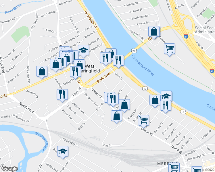 map of restaurants, bars, coffee shops, grocery stores, and more near 32 Park Avenue Court in West Springfield