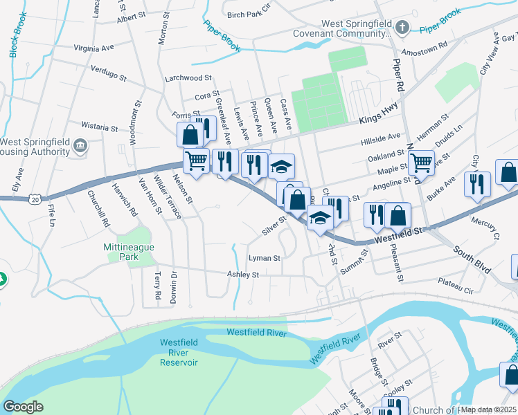 map of restaurants, bars, coffee shops, grocery stores, and more near 1139 Westfield Street in West Springfield